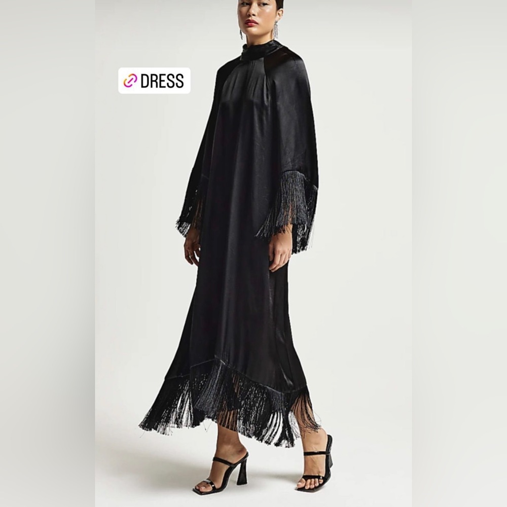 Black RI Studio satin fringe maxi dress